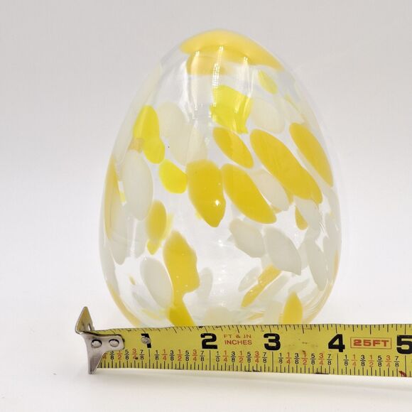 6" Hand Blown Art Glass Hollow Egg Yellow Spotted Pattern Decor Paper Weight - Picture 5 of 8